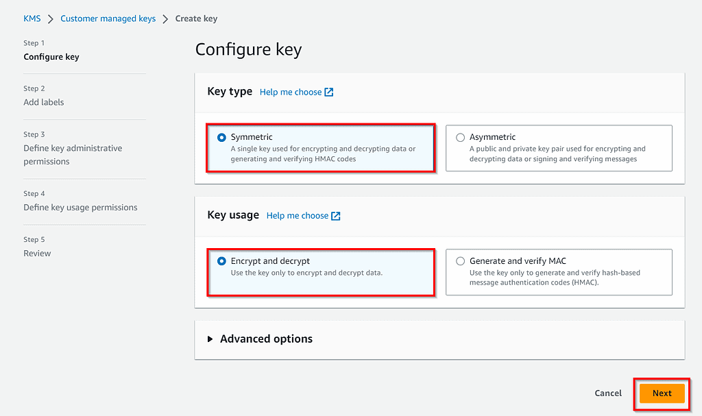 choose the type of the Key and usage of the key in AWS KMS