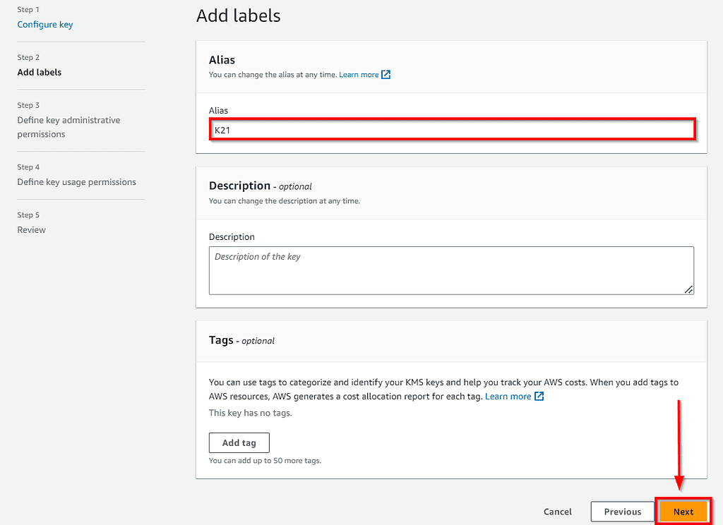 Enter display name to the key and provide a description in.aws kms