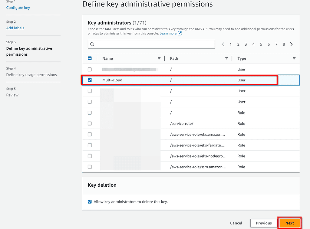 Now choose a previously created Key in aws kms