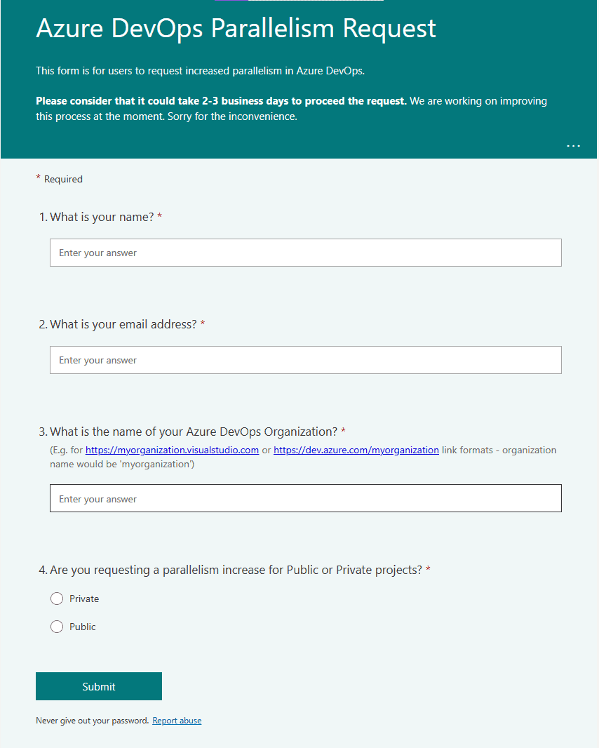 Azure DevOps Parallelism Request form