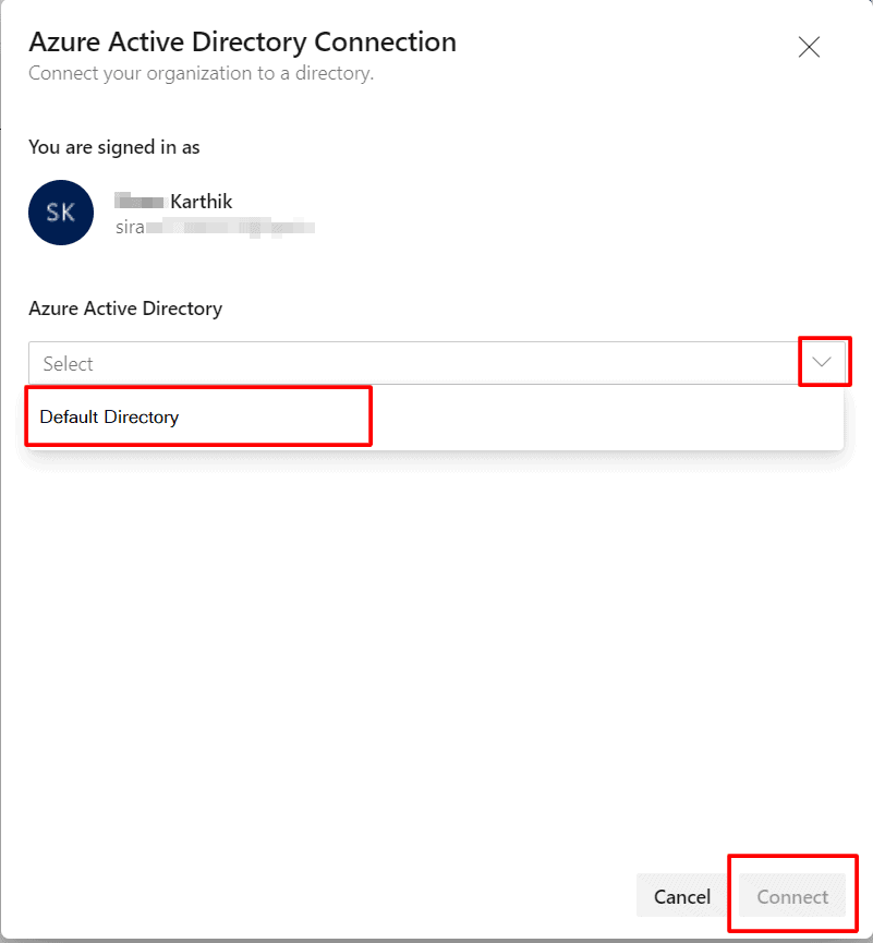 Select Defualt Directory in Azure Active Directory Connection