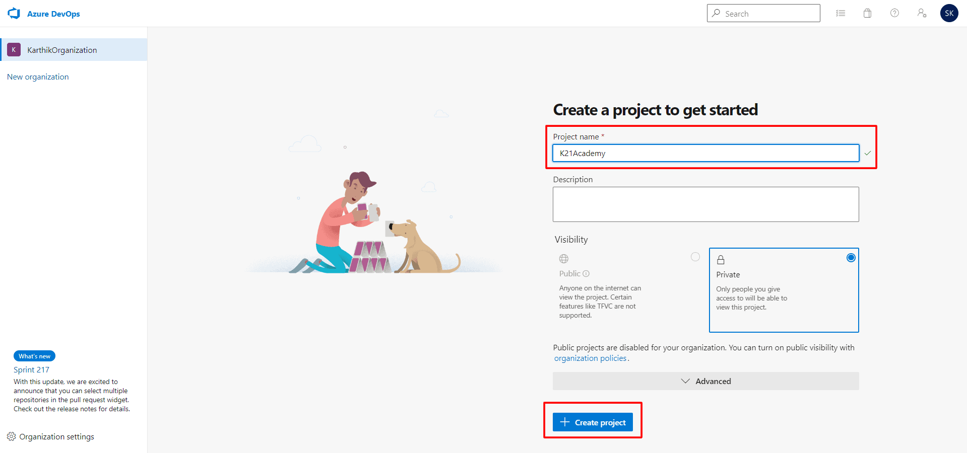 Create Project in Azure Devops