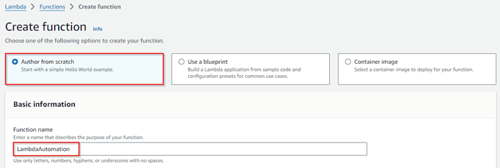 Select the Author from scratch Name as LambdaAutomation