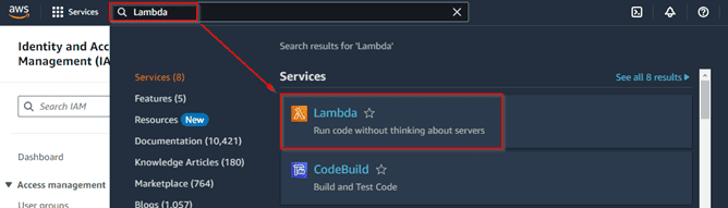 Search for Lambda and Click on Create a function.