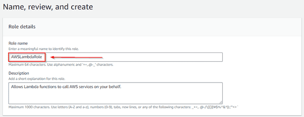 Provide the name as AWSlambdaRole and click on Create Role