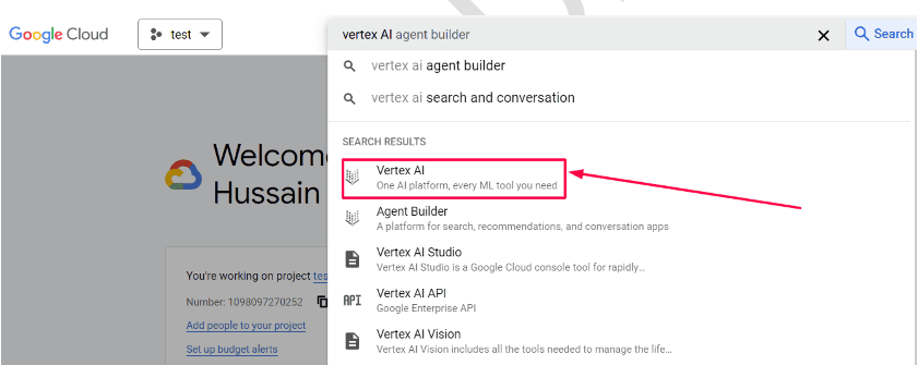 In the GCP console, search for Vertex AI in the search box and click on Vertex AI