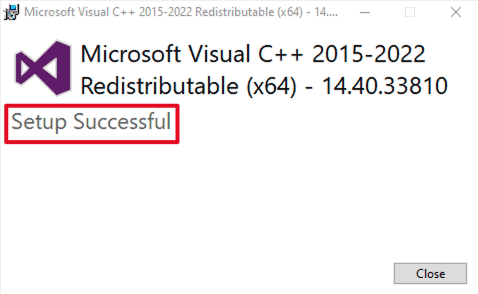 Microsoft Visual C++ Redistributable setup successful 